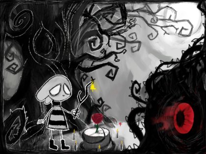 eye for an eye: a girl in a striped shirt with a bell, candles around a red rose, and a thorny creature with a glowing red eye